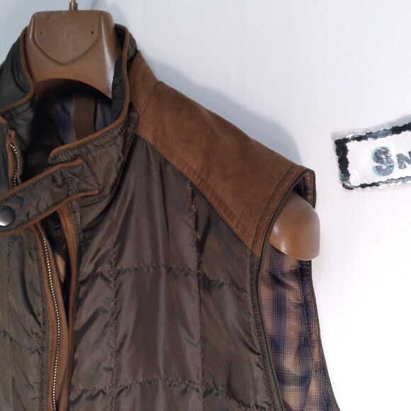 Alan Flusser Dark Khaki Micro-Suede Trim Full Zip Quilted Outerwear Vest L - Picture 7 of 13